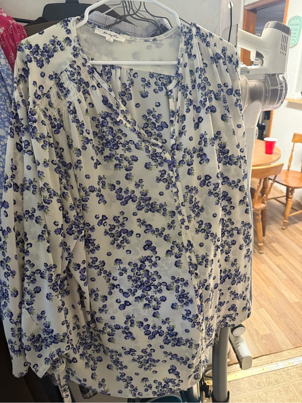 Women's Cream Blouse with Blue Floral Print - Lightweight V-Neck